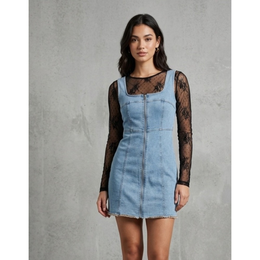 RSQ Denim Full Zip Raw Hem Light Wash Mini Jean Dress Large